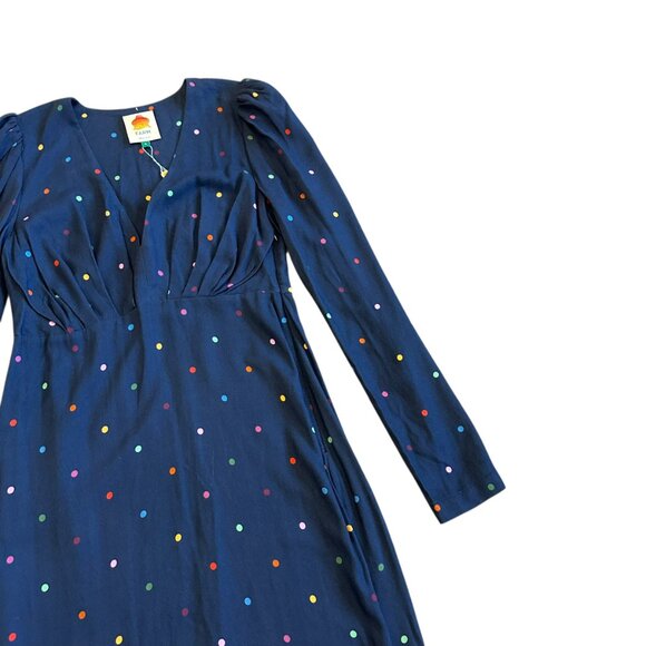 Farm Rio Lucy Dots V-Neck Dress Navy Colorful Long Sleeve Shift Size Small NWT - Picture 6 of 13